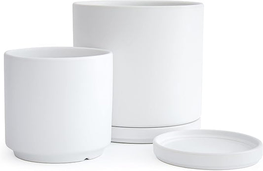 D'vine Dev 6 Inch & 8 Inch Ceramic Planter Pots for Plants with Drainage Hole and Saucer, Medium Plant Pots Set, White, 94-G-M-1
