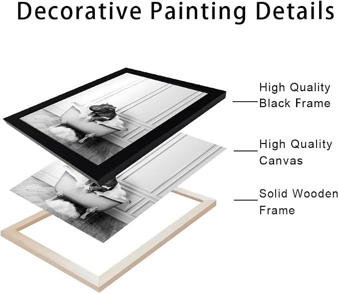 Framed Bathroom Decor Wall Art Black and White Canvas Print Cute Hippo in - Image 2
