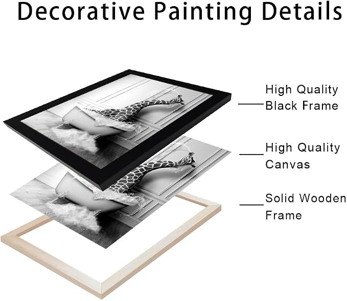 Black and White Bathroom Wall Decor Funny Giraffe in Bathtub Decor Framed - Image 2