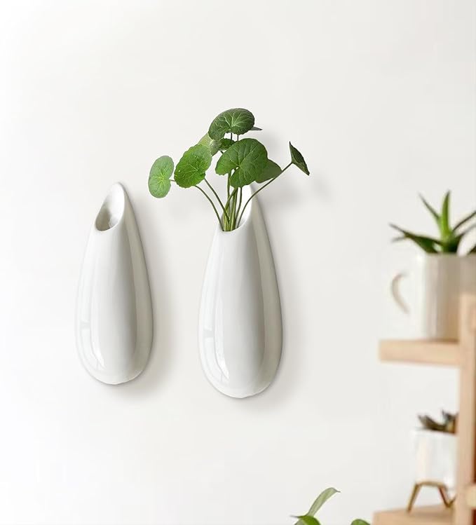 2 Pack White Ceramic Wall Vases,5.9 Inch Wall Hanging Plant Holder,Cubicle Modern Decor Plant Holder Vase for Indoor Plants, Hanging Propagation Flower Pots for Air Vases