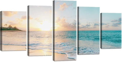Goldfoilart 5 Pieces Beach Sunset Canvas Wall Art Blue Sea Prints Romantic - Image 8