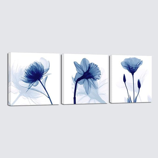 Wieco Art Blue Abstract Flowers 3 Panels Giclee Canvas Prints Wall Art Modern by WiecoArt