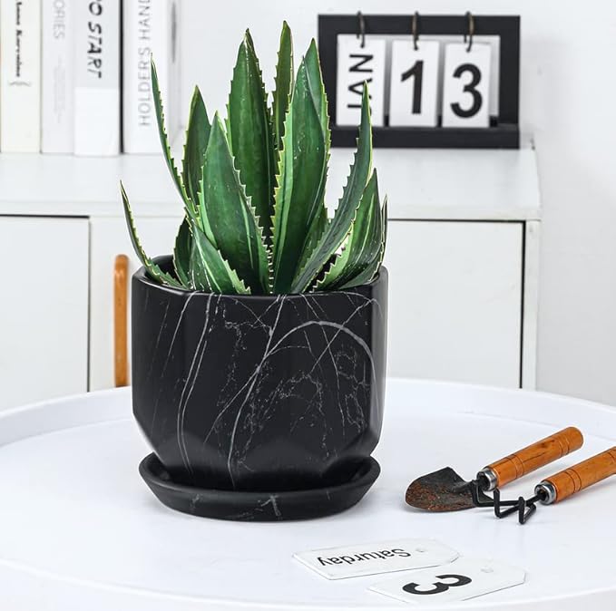 Large Marble Black Plant Pot with Drainage Holes and Saucers, Ceramic Pots for Indoor Outdoor Plants, 7 Inch Premium Hand Glazed Planters for Flower, Garden, Succulent, Nursery, Home Decor