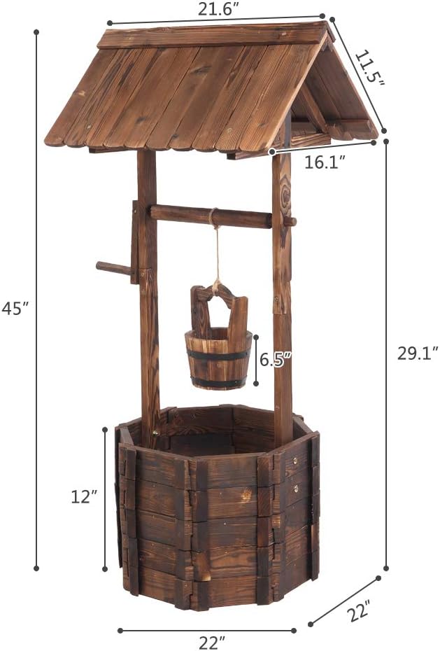 Wooden Wishing Well with Hanging Bucket, Outdoor Rustic Wishing Well Planter for Flowers and Plants, Well Covers for Yard, Garden Decor for Outside