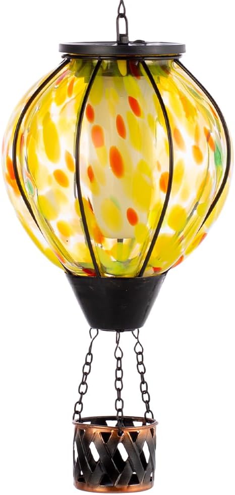 Hot Air Balloon Solar Lanterns with Flickering Flame Light,Glass Hanging Solar Lanterns Outdoor Waterproof Hot Air Balloon Light for Patio Yard Garden Decor Mother Day Gifts for Women(Yellow)