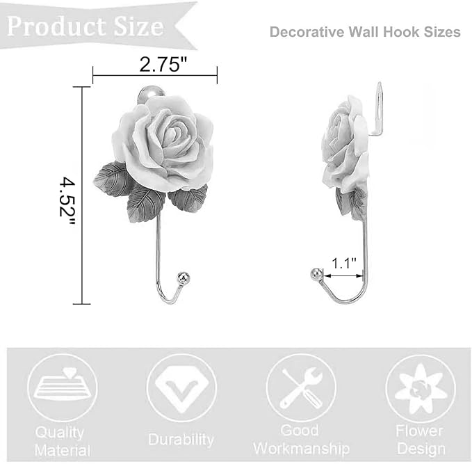 Gold Flower Wall Hooks, Whimsical Resin Rose Flower Decorative Bathroom Hooks - Image 3