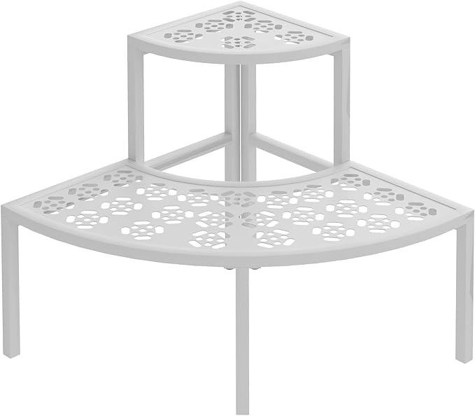 aboxoo 2 Tier Plant Stand Flower Pot Rack for Patio,Heavy Duty Metal Stair-Step Style Corner Shelf Planters, Quarter Round Display Holder for Indoor Outdoor Use(White, Semicircle)