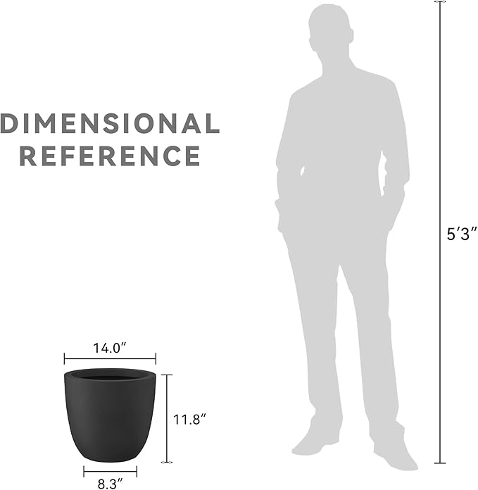 Kante 14 Inch Dia Round Concrete Planter, Indoor Outdoor Large Plant Pot with Drainage Hole and Rubber Plug for Home Patio Garden, Black