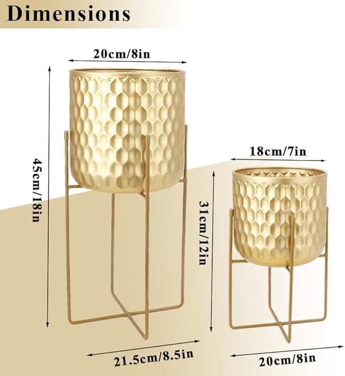 TRIROCKS Set of 2 Planters with Stand Indoor Outdoor Metal Plant Stand 8 * 18 &7 * 12 "Modern Planters Flower Pots for Living Room Corner Kitchen Office Garden Balcony Patio Decor(Gold)