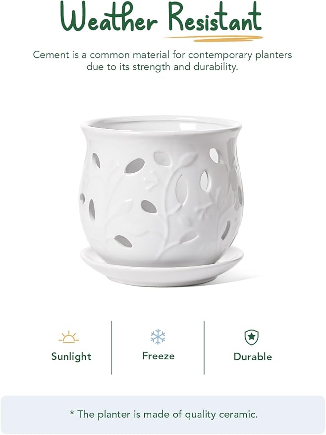 LE TAUCI Ceramic Orchid Pot, 6.5 Inch Orchid Pots with Holes, Orchid Planter for Repotting, Indoor Flower Plant Pot with Drainage and Saucer, White