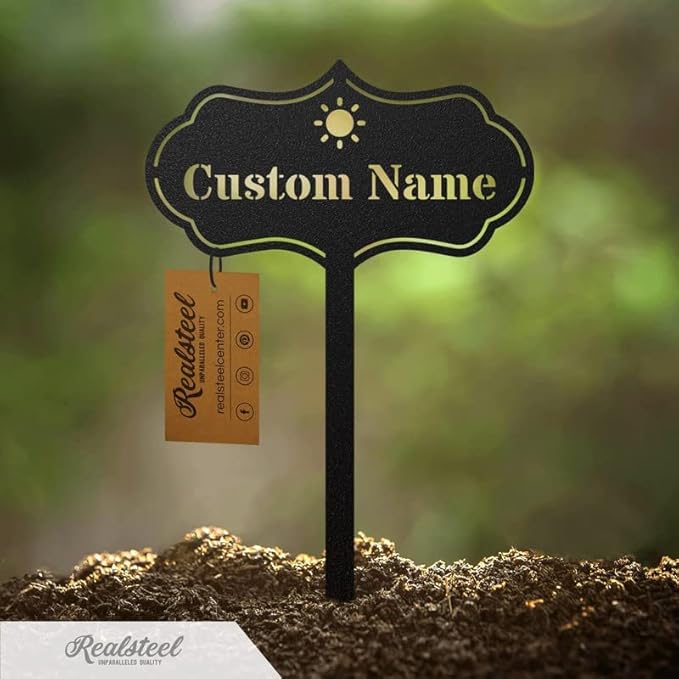 RealSteel – Customizable Seed & Plant Markers - Outdoor Herb Garden Stakes - Elegant Fruit/Vegetable Labels - Steel Plant Tags for Pots - Classy Design for Farmhouse/Greenhouse – Sun Icon