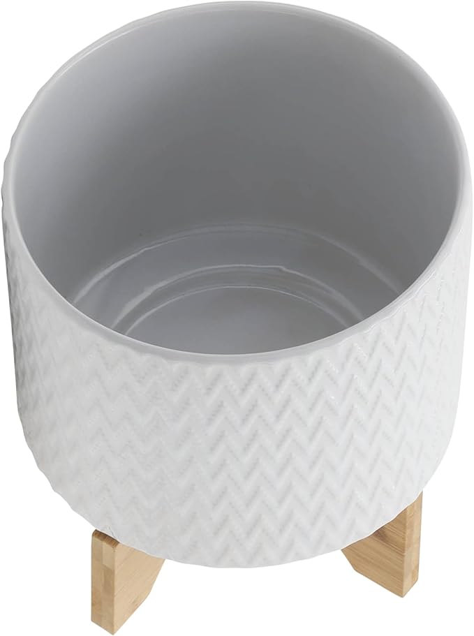 8" Ceramic Planter on Wooden Bamboo Stand - Contemporary White Chevron Design for Indoor or Outdoor Plants, Succulents, Cactus