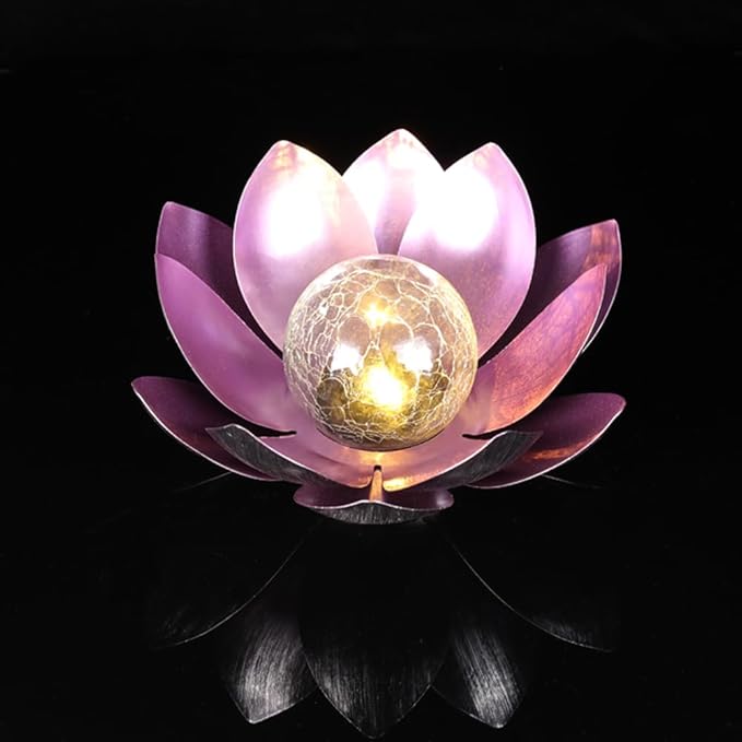 12 inches Solar Lights Outdoor Garden, Crackle Globe Glass Lotus Decoration, Waterproof LED Metal Flower Lights for Patio,Lawn,Walkway,Tabletop,Ground Gardening Gifts (Purple)