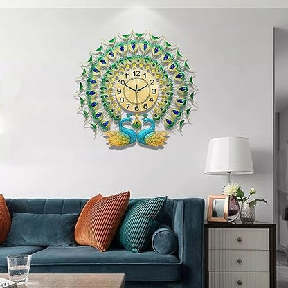 Large Peacock Wall Clock 27.6 inch Non-Ticking Silent Crystal Creative - Image 2