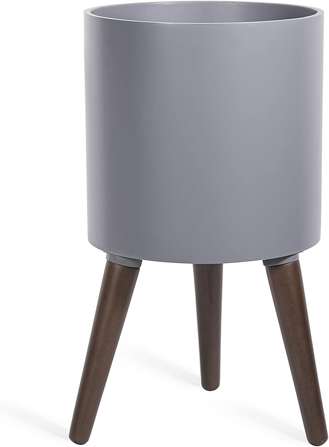 D'vine Dev 10 Inch Planter Pot with Stand, Mid-Century Tall Plant Pot with Legs for Indoor Plants, Medium, Grey, 88-O-B-3