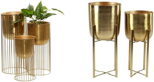 Deco 79 Metal Deep Recessed Dome Planter, Set of 3 24", 20", 16" H, Gold & CosmoLiving by Cosmopolitan Metal Indoor Outdoor Dome Planter with Removable Stand, Set of 2 19", 22" H, Gold