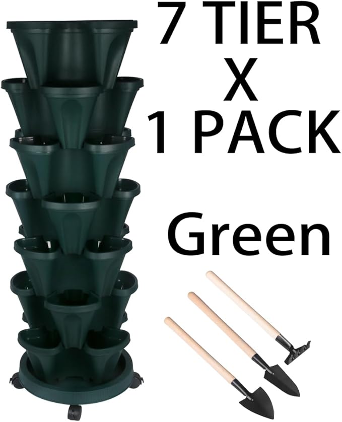 Vertical Planter 7 Tier Stackable Planters Garden Planters Strawberry Herb Flower and Vegetable Planter Indoor Outdoor Gardening Pots with Removable Wheels and Tools
