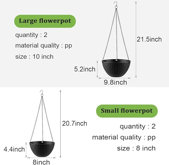 Hanging Planters for Indoor Outdoor Plants 8/10 Inch, 4 Packs Plant Hanger with Drainage Holes, Hanging Basket Flower Pot Perfect for Home, Office and Garden, Black