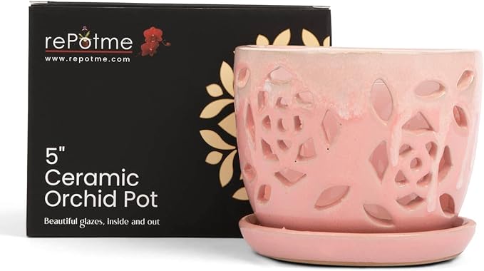 rePotme Orchid Pot - 5 inch Floral Cutout Ceramic Orchid Pot with Holes (Cream Over Cotton Candy) - Includes 5 inch Slotted Pot Liner