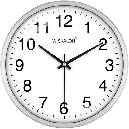 WISKALON 10 Inch Wall Clock, Silent Non-Ticking Round Silver Frame Clock by WISKALON