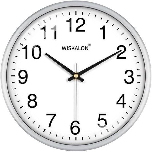 WISKALON 10 Inch Wall Clock, Silent Non-Ticking Round Silver Frame Clock by WISKALON