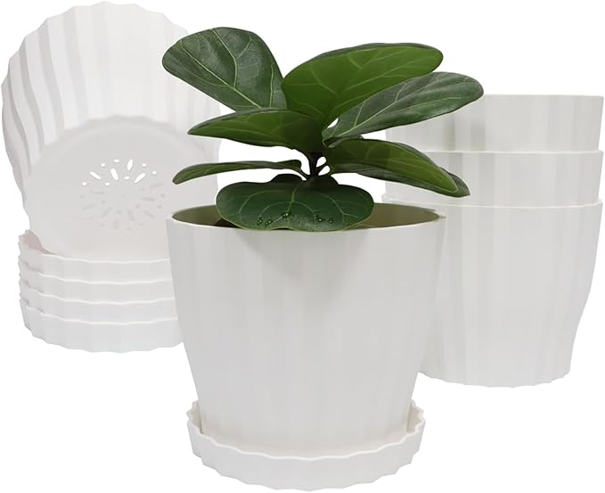 Flower Pots Outdoor Clearance 6 inch Set of 5 Succulent Planters for Indoor Plants Garden Home Holiday, Plastic Nursery Pots for Plants with Drainage Holes and Saucer, Modern Plant Pot White