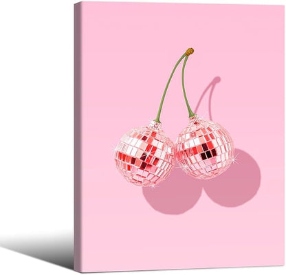 Funky Pink Cherry Poster Retro Disco Ball Canvas Wall Art 12X16 inch Framed by Unknown