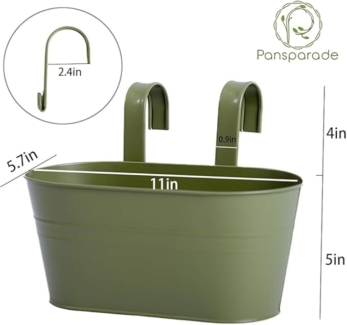 3 Pack Metal Hanging Flower Pots for Railing Fence，Outdoor Balcony Rail Planter with Detachable Hooks Drainage Holes for Deck Garden Home Decor Green
