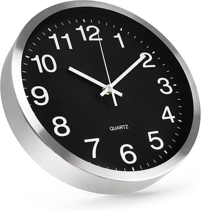 Wall Clock 12 Inch Metal Finish Silent Non Ticking Indoor Clock Round Battery by BAKBRAND
