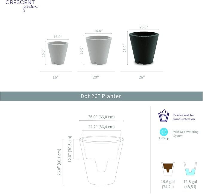 Crescent Garden Dot TruDrop Indoor/Outdoor Planter, Self-Watering Plant Pot, 26 Inches, (Mocha)