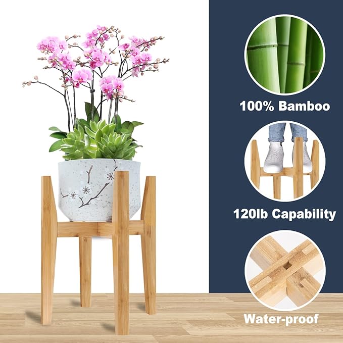 OERGKE 2 PACK Adjustable Plant Stand Indoor, Bamboo Mid Century Modern Plants Stands, Corner Flower Holder for Living Room, Fits 8 to 12 Inches Pots, (Pot & Plant Not Included)(Nature)