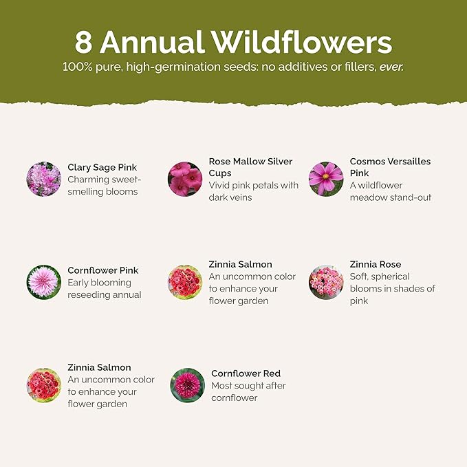 Eden Brothers Pink Perfection Flower Mixed Seeds for Planting, 1 lb, 480,000+ Seeds with Zinnia, Cosmos Versailles | Attracts Pollinators, Plant in Spring or Fall, Zones 3, 4, 5, 6, 7, 8, 9, 10