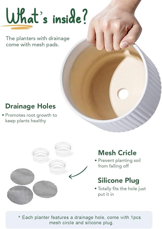 LE TAUCI Ceramic Pots for Plants, 8+6.7+5.5 Inch Plant Pots Indoor, Flower Pot with Drainage Holes, Medium Cylinder Planters for Indoor House Plants, Set of 3, White