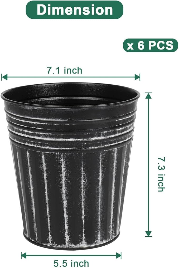 vensovo 7 Inches Black Metal Rustic Flower Pots - 6 Pcs Medium Galvanized Planters with Drainage Hole and Rubber Plug, Rustproof Tin Bucket Plant Pot Farmhouse Vintage Style for Decor