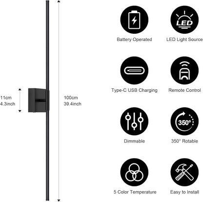 Battery Operated Wall Sconce, 3000K-6000K Dimmable Black Wall Lights - Image 4