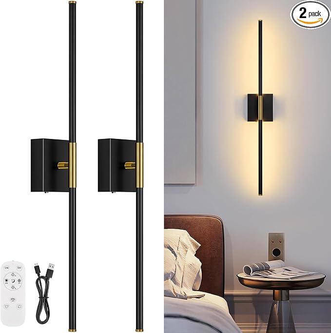 Wall Sconces Set of Two with Remote Control 29.1 in Dimmable Black Gold Battery by JZEKVN
