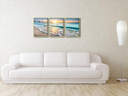 Wieco Art Framed Canvas Wall Art 3 Panel Blue Beach - Image 4