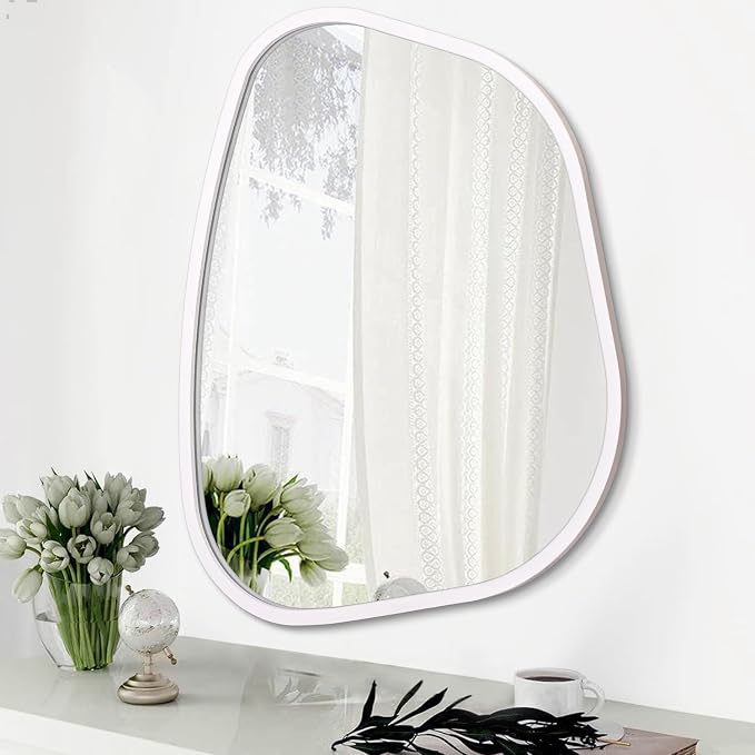 White Irregular Oval Wall Mirror Large 26"x18" Inches Asymmetrical Mirror by HLFMVWE