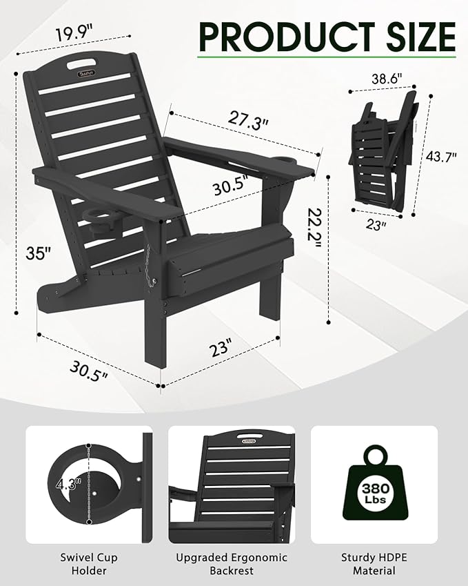 Adirondack Chairs Set of 6, Outdoor Fire Pit Chairs, HDPE All-Weather Adirondack Chairs with Cup Holder, Lawn Chair for Deck, Patio, Garden (Black)
