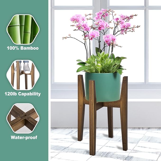 Plant Stand Indoor, Bamboo Plant Shelf, Adjustable Corner Plants Flower Holders Single Floor Plant Stand, Fits 8 to 12 Inches Pots,(Pot & Plant Not Included)(walnut)