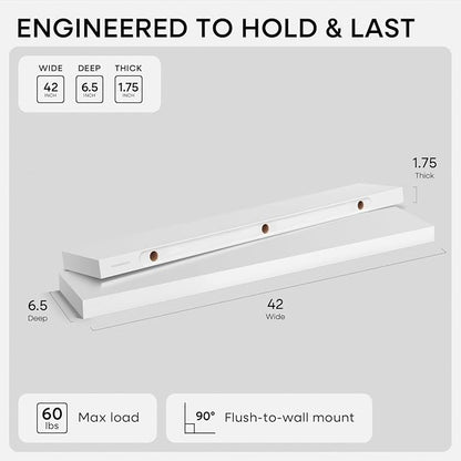 Homeforia White Floating Shelves 42 inch, High End Solid Real Wood 42inch - Image 2
