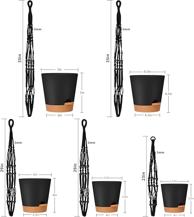 GARDIFE Hanging Planters for Indoor Plants,5Pcs Hanging Basket for Indoor Boho Home Decor,Macrame Plant Hanger,35 Inches,29Inch,23Inch, Ivory,Self Watering Planters, 7/6.5/6/5.5/5 Inch,Black&Black