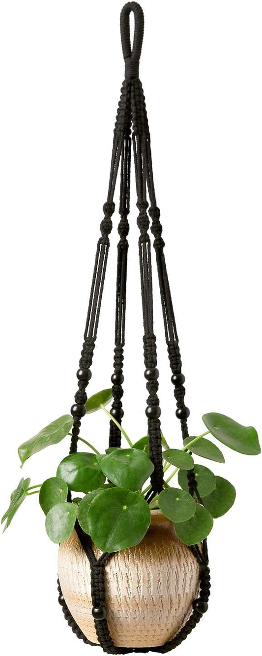 Mkono Macrame Plant Hanger Indoor Hanging Planter Basket with Wood Beads Decorative Flower Pot Holder No Tassels for Indoor Outdoor Boho Home Decor 35 Inch, Black, Set of 1 (POTS NOT Included)