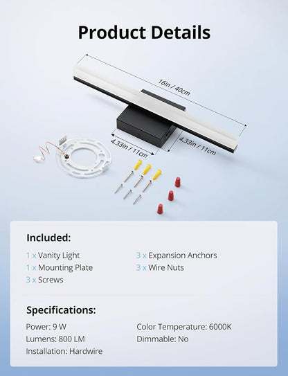 Combuh LED Bathroom Light Fixtures Over Mirror, 16 Inch 9W Black Vanity Light - Image 9