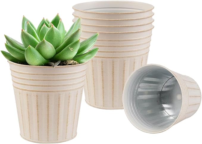 vensovo 4 Inches Beige Metal Rustic Flower Pots - 6 Pcs Small Galvanized Planters with Drainage Hole and Rubber Plug, Rustproof Tin Bucket Plant Pot Farmhouse Vintage Style for Decor