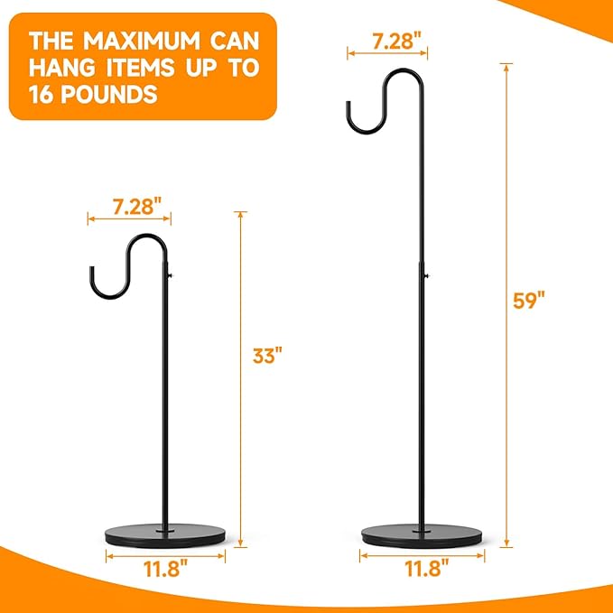 2 Pack Plant Stand Indoor Outdoor, Heavy Duty Wind Chime Holders, Hanging Plant Stand, 33" - 59" Adjustable Shepherds Hooks, Hold 16 lbs - Black