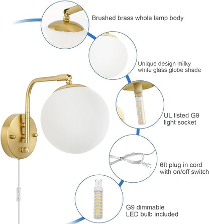 VATONI Dimmable Wall Sconces Plug in, Swing Arm Wall Lights - Image 3
