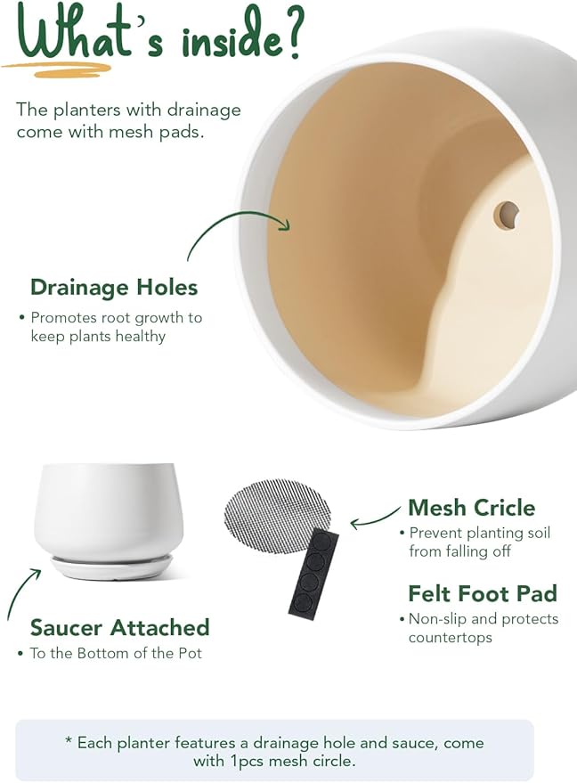 LE TAUCI Ceramic Planters, 10 Inch Pots for Plants, Indoor Plant Pots with Drainage Holes and Saucers, Modern Planters Fit Mid Century Plant Stand, Flower Pots for Indoor Plants, White