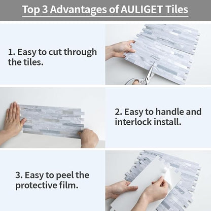 AULIGET 20 Sheets Faux Stone Peel and Stick Backsplash, Light Grey Marble Look - Image 4
