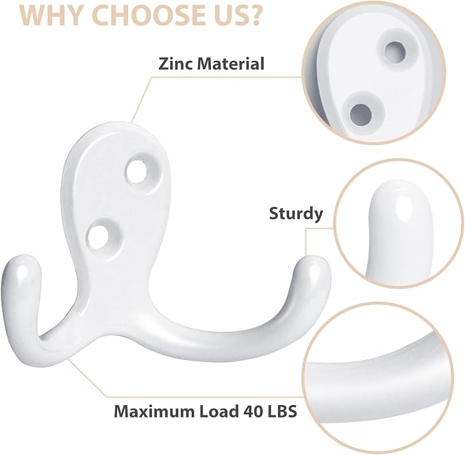 Homanu 54 Pack Coat Hooks, Heavy Duty Double Prong Coat Hooks Wall Mounted - Image 4